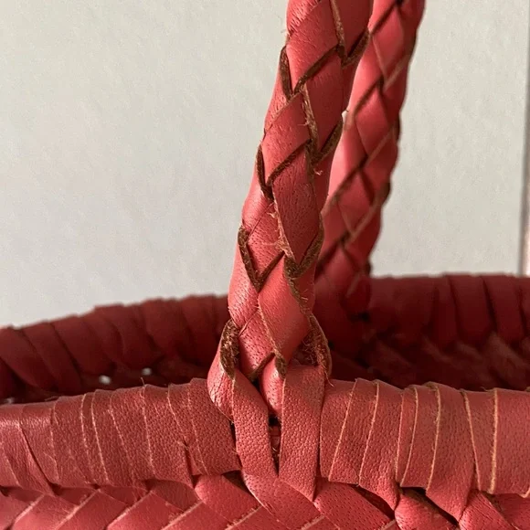 Anthropologie Woven Leather Market Bag Coral Pink Basket Tote Boho - Picture 7 of 10